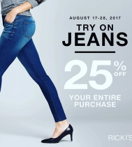 Try On Jean Event! 👖👖👖Try a pair on and receive 25% off your entire purchase 🛍! Aug.17 to Aug.28! @rickisfashion #denim #jeans #savings #summer