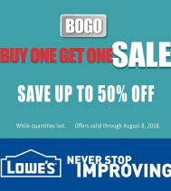 Lowe's has a great BOGO sale happening until August 8! 
BUY ONE GET ONE SALE on variety of products. Stop into Lowe's today, while quantities last! 
#buyonegetone #bogo