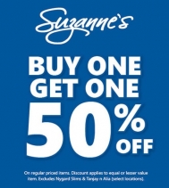 BUY ONE, GET ONE 50% OFF!!
Some Restrictions Apply. 
See in store for details at Northgate Mall.
#Suzannes #SuzannesStyle