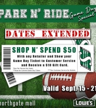 💚🏈Game Day Tomorrow!🏈
Shop N' Spend $50 with any of our Retailers at Northgate Mall & Show your Game Day Ticket to Customer Service & Receive a $10 Gift Card!! VALID FROM SEPT 15TH TO SEPT 21ST!
#shopandspend50 #yqr #gamedayspecials #ridernation
