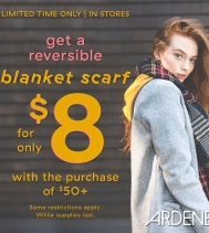 Limited Time Only - In Store
Get a reversible blanket scarf for only $8 with a purchase of $50 exclusively at Ardene. 
Hurry in while supplies last. Some restrictions apply.
#ardenelove #northgatemall