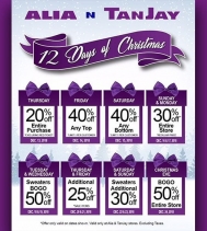 Enjoy 12 Days of Christmas with Alia N TanJay. A new deal everyday from Thursday, December 13 to Monday, December 24th. Conditions apply. Visit Alia N TanJay in store for details.
#christmasshopping #deals #12daysofchristmas