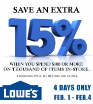 Starting today SAVE an extra 15% When you spend $100 or More!
Exclusions Apply