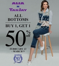 👖All Bottoms👖 Buy 1, Get 1 50% Off at Alia N TanJay from Feb 23rd - Mar. 9th.  See in store for details.
#bogo
