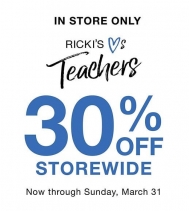 Are you a teacher? Tell us at Ricki's and get 30% Off STOREWIDE!! Must show valid teacher ID to receive discount. Some exclusions apply. Ask in store for details. 
#teachers #savings