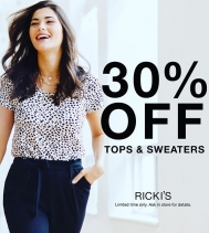 Take 30% Off Tops & Sweaters @rickisfashion 
Ends Mar.16