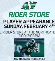 Come and catch #82 Naaman Roosevelt this Sunday at The Rider Store from 1p-3p 🏈💚@saskriders #ridernation #yqr #playerappearance