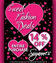 💕Sweet Fashion Deals💕
14% Off Entire Purchase
Some exclusions may apply. See In-store for details.